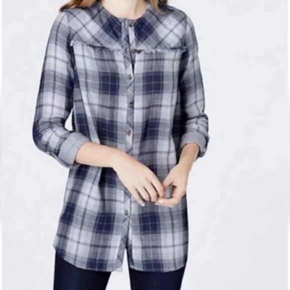 Cotton gauze plaid airy button down tunic shirt size s - Picture 1 of 12
